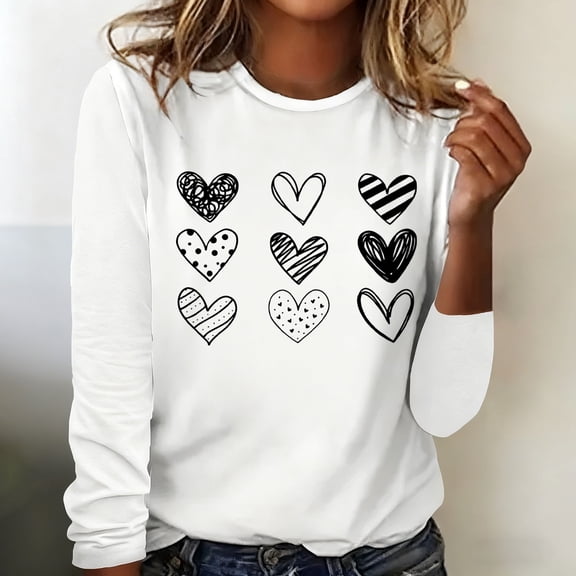 Craaazy Women's Valentines Day Tshirt Crew Neck Long Sleeve Shirts with Hearts Graphic Gifts