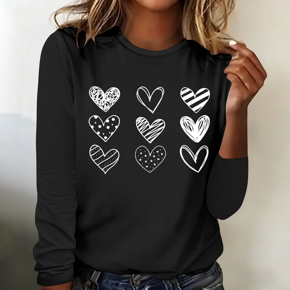 Craaazy Women's Valentines Day Tshirt Crew Neck Long Sleeve Shirts with Hearts Graphic Gifts