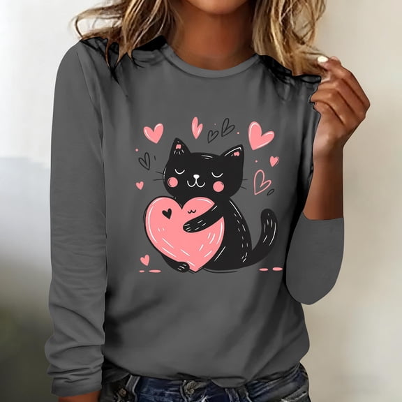 Craaazy Women's Valentines Day Tshirt Crew Neck Long Sleeve Shirts with Hearts Graphic Gifts