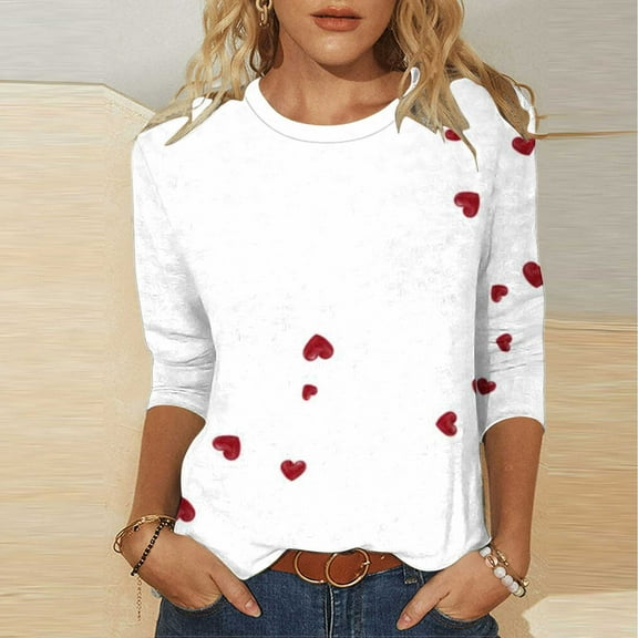 Craaazy Women's Valentines Shirts 3/4 Sleeve Round Neck Casual Love Heart Loose Tops Gifts