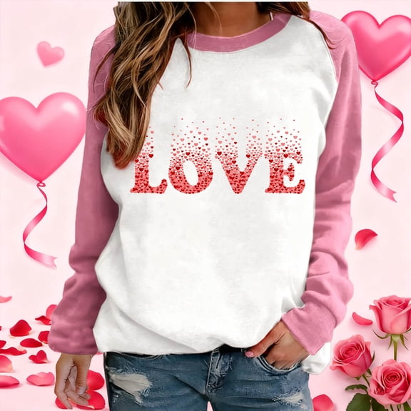 Craaazy Women's Valentines Shirts Casual Heart Printed Crew Neck Long Sleeve Tops Gifts