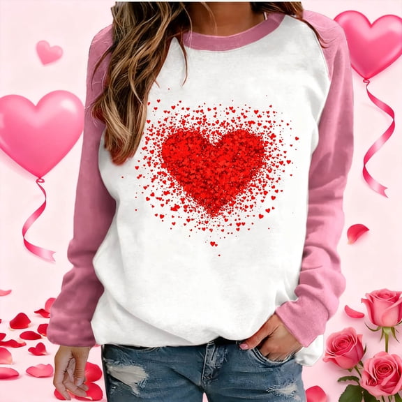 Craaazy Women's Valentines Shirts Casual Heart Printed Crew Neck Long Sleeve Tops Gifts