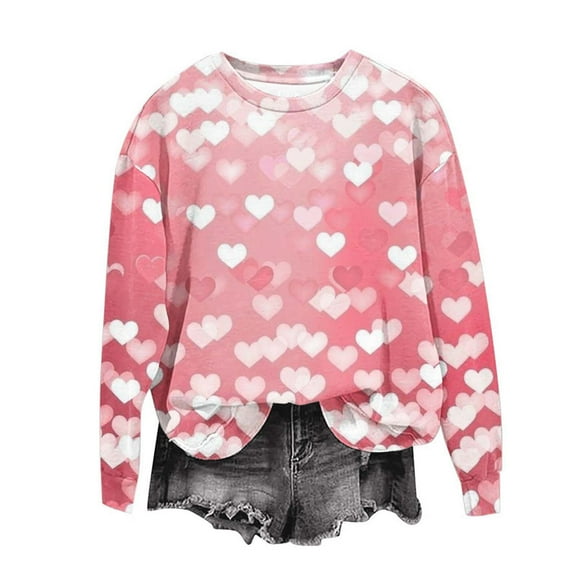 Craaazy Women's Valentines Shirts Casual Long Sleeve Round Neck Love Heart Tops Gifts
