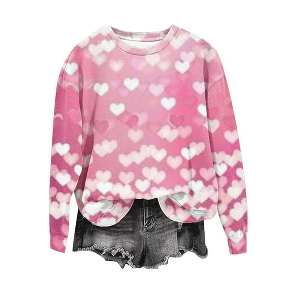 Craaazy Women's Valentines Shirts Casual Long Sleeve Round Neck Love Heart Tops Gifts