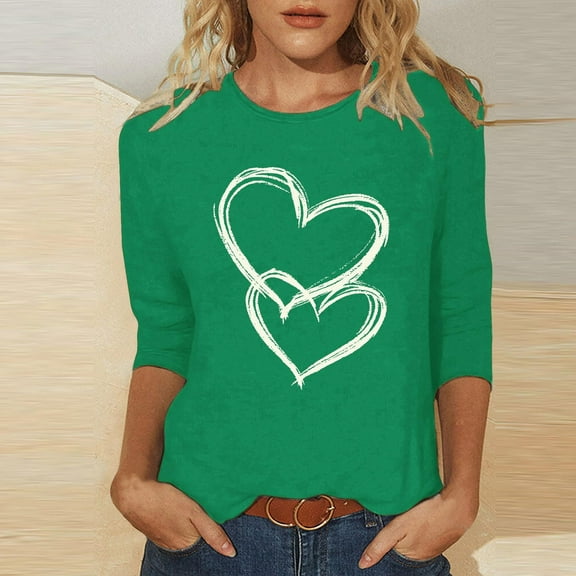 Craaazy Women's Valentines Shirts Crew Neck 3/4 Sleeve Love Heart Print Tops Gifts
