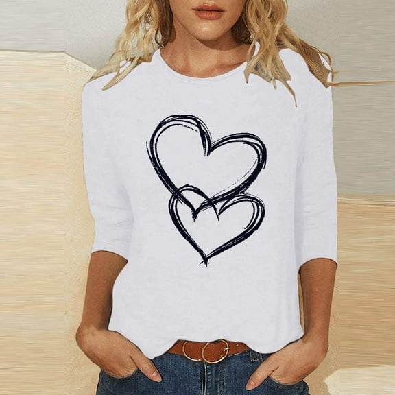 Craaazy Women's Valentines Shirts Crew Neck 3/4 Sleeve Love Heart Print Tops Gifts