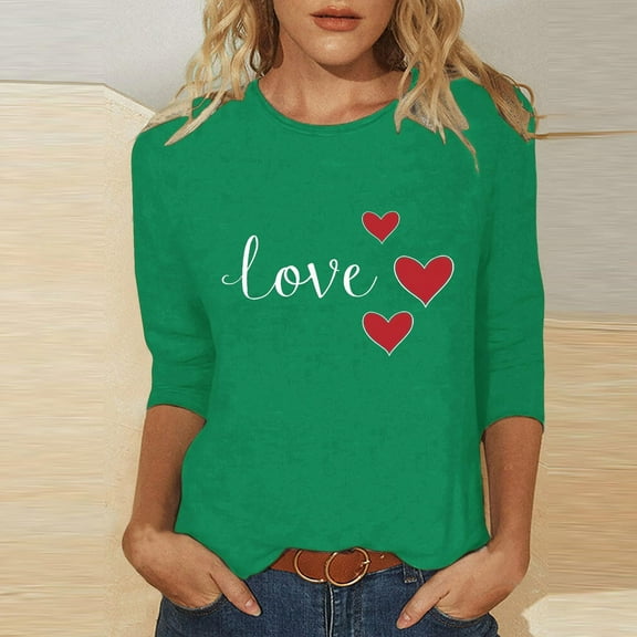 Craaazy Women's Valentines Shirts Crew Neck 3/4 Sleeve Love Heart Print Tops Gifts