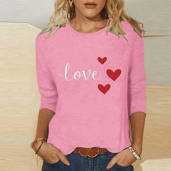 Craaazy Women's Valentines Shirts Crew Neck 3/4 Sleeve Love Heart Print Tops Gifts