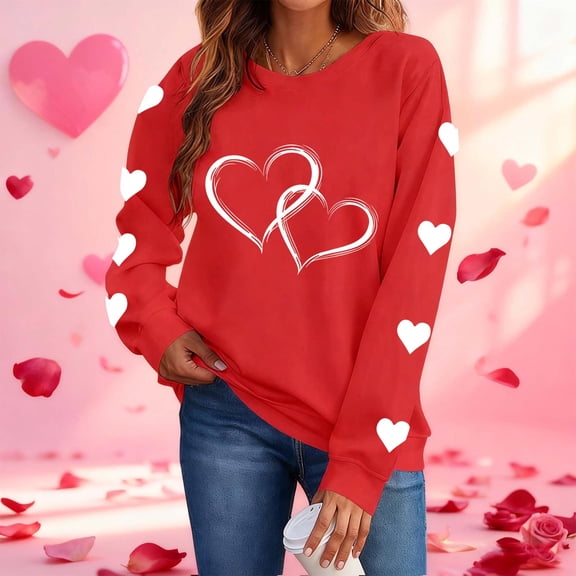 Craaazy Women's Valentines Shirts Round Neck Love Hearted Printed Long Sleeved Tops Gifts