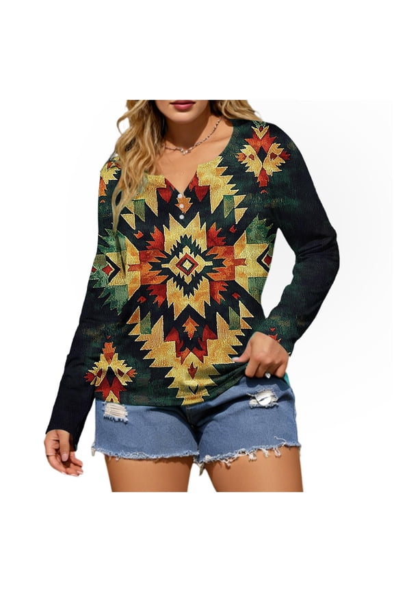 Women's Western Aztec Print V-Neck Casual Long Sleeve Loose Fit Buttoned T-Shirt Gifts