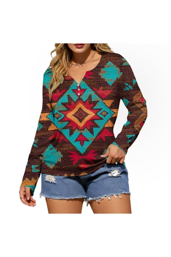 Women's Western Aztec Print V-Neck Casual Long Sleeve Loose Fit Buttoned T-Shirt (Vintage Red & Brown Diamond) Gifts