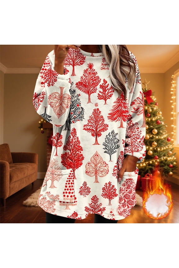 Women's Winter Warm Round Neck Long Sleeve Christmas Shirts with Xmas Prints and Pockets Gifts