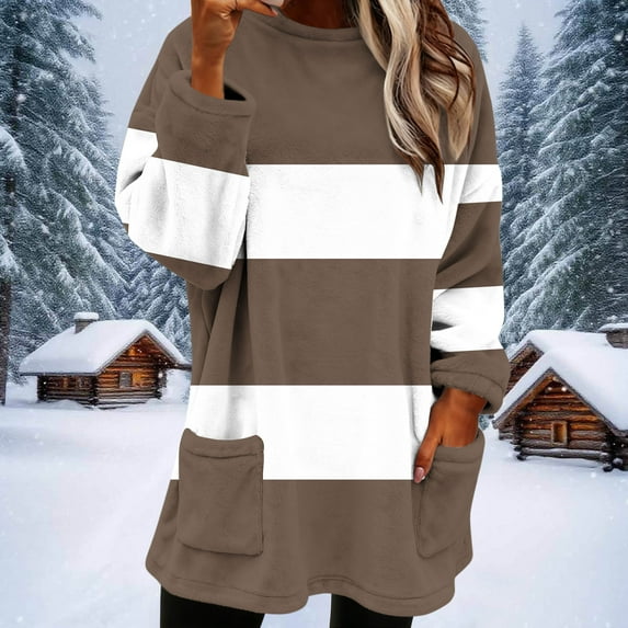 Craaazy Women's Winter Warm Round Neck Side Pockets Printing Long Sleeved Thick Tops Gifts