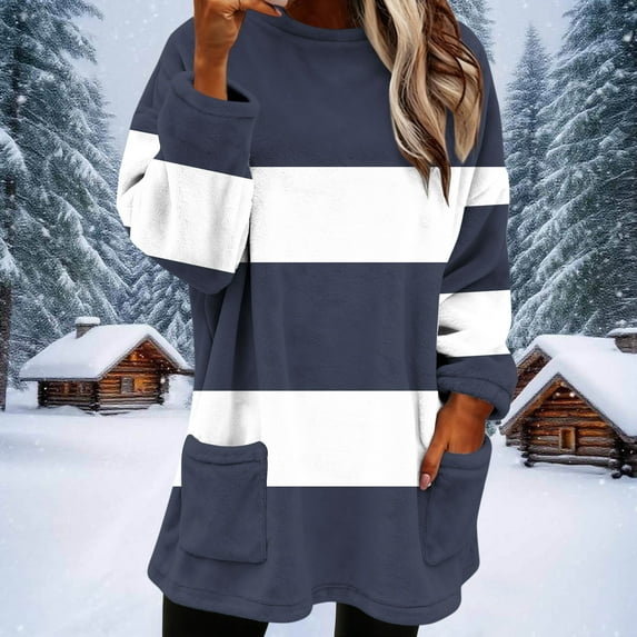 Craaazy Women's Winter Warm Round Neck Side Pockets Printing Long Sleeved Thick Tops Gifts