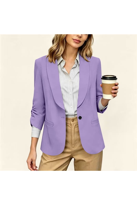 Womens 3/4 Sleeve Blazer Jackets Regular Fit Solid Color Collared Open Front Tops