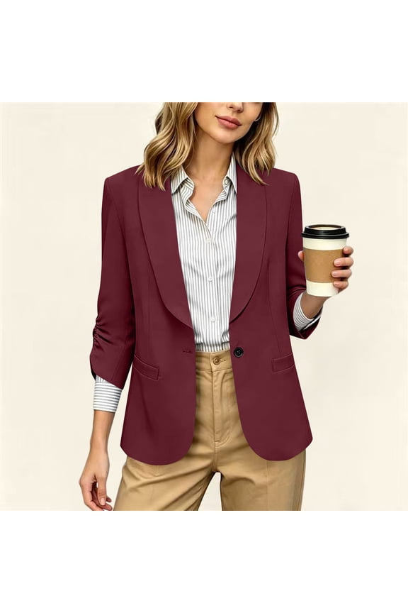 Womens 3/4 Sleeve Blazer Jackets Regular Fit Solid Color Collared Open Front Tops