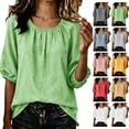 thumbnail image 1 of Craaazy Womens 3/4 Sleeve Blouses Basic Solid Color Round Neck Gathered Neck Elastic Cuff Linen Look Casual Pullover Top for Women Spring Summer Daily Wear, 1 of 6