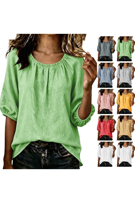 Womens 3/4 Sleeve Blouses Basic Solid Color Round Neck Gathered Neck Elastic Cuff Linen Look Casual Pullover Top for Women Spring Summer Daily Wear
