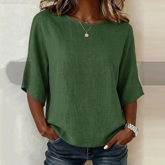 Craaazy Womens 3/4 Sleeve Crew Neck Tops Solid Color Loose Fit Cotton Linen Blend Casual Shirts