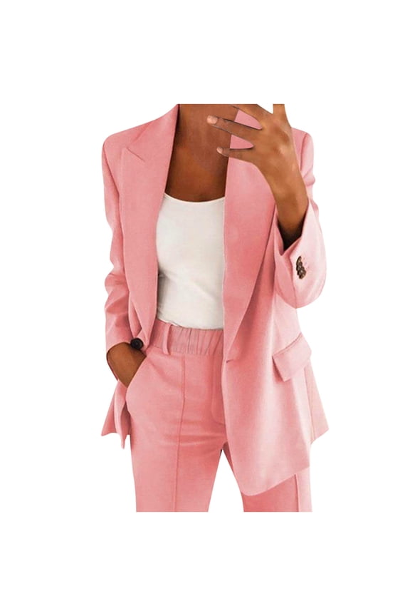 Womens Business Casual Suits, Solid Color Long Sleeve Lapel Collar Blazer Suit, 2 Piece Button Jacket and Pockets Pants Set for Office, Daily Wear, Weekend
