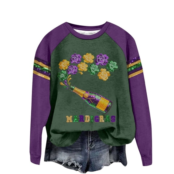 Craaazy Womens Casual Carnival Holiday Long Sleeve Crewneck Mardi Gras Tops Gifts