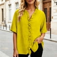 thumbnail image 1 of Craaazy Womens Casual Shirts Loose Fit Solid Color V Neck Ruffle Short Sleeve Button Down Tops for Daily Wear Office, 1 of 4