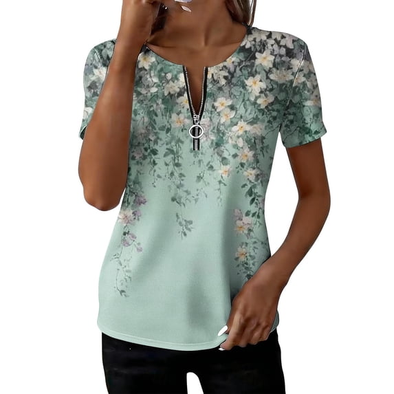 Craaazy Womens Casual Short Sleeve Blouses with Half Zipper Placket and Solid & Graphic Prints for Summer Daily Wear Gift