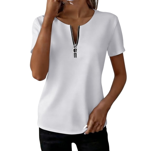 Craaazy Womens Casual Short Sleeve Top with Half Zipper Placket and Solid & Graphic Prints for Summer Daily Wear Gift