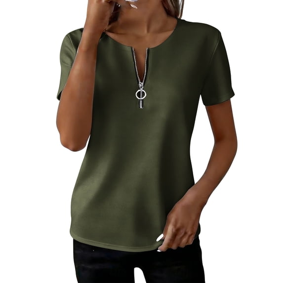 Craaazy Womens Casual Short Sleeve Top with Half Zipper Placket and Solid & Graphic Prints for Summer Daily Wear Gift
