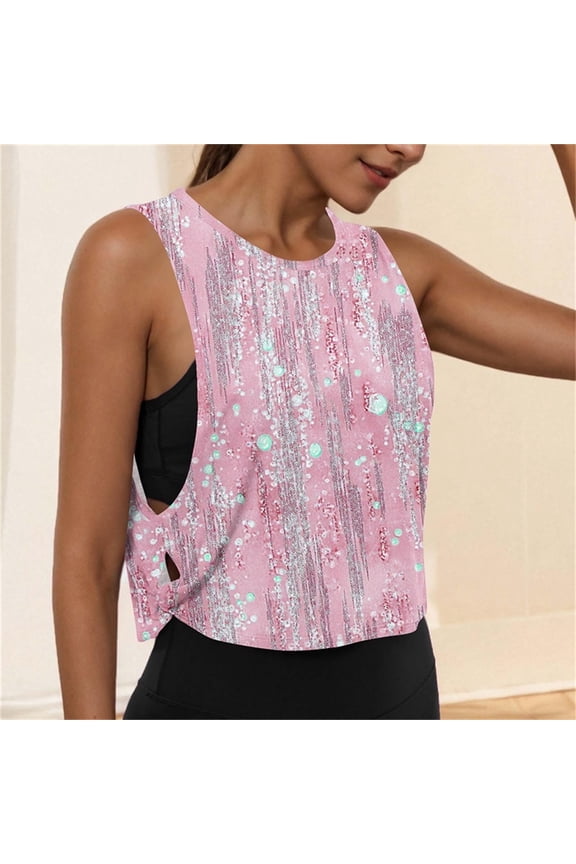 Womens Casual Sparkle Sequin Print Sleeveless Crop Tank Top Round Neck Side Hollow-Out Workout Yoga Top Gifts