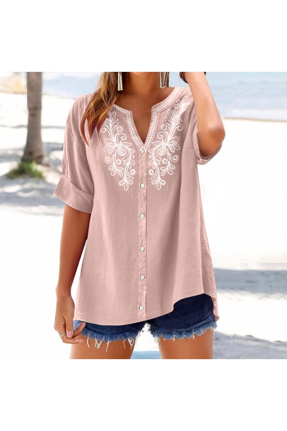 Womens Embroidered V-Neck Button Down Blouse with Rolled Cuffs for Summer Gift