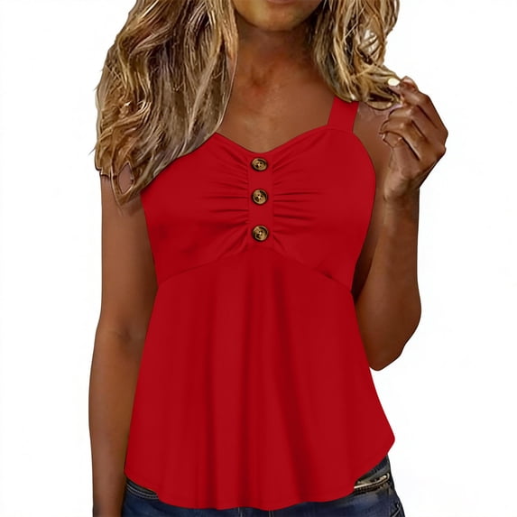 Craaazy Womens Fashion Ruched Button Detail Cami Tops, Flared Hem Sleeveless Blouses for Beach, Daily Wear & Vacation Gifts