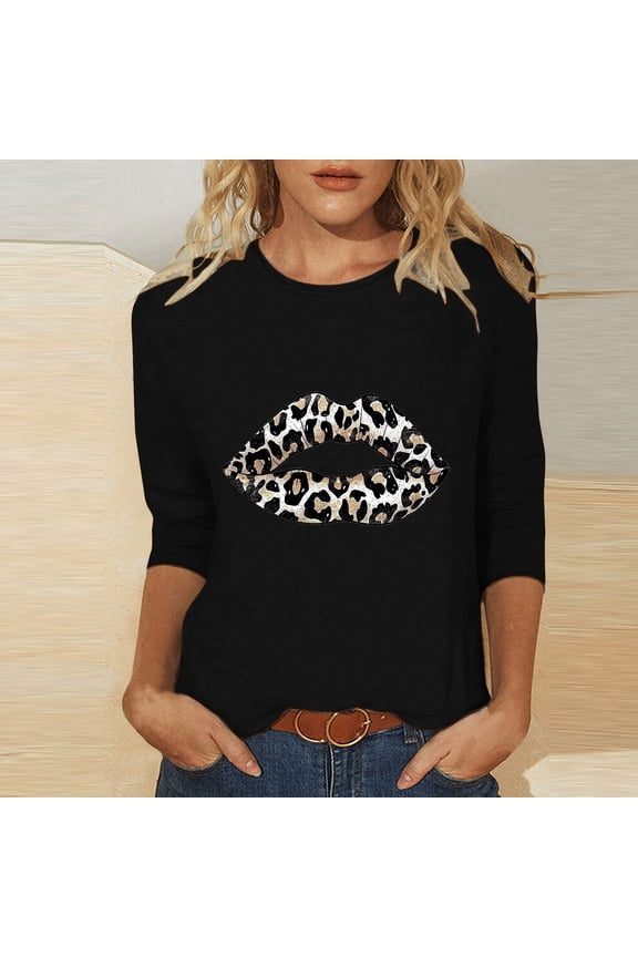 Womens Graphic Tees Plus Size Loose Fit Solid Color Crew Neck Casual Style 3/4 Sleeve Leopard Lips Print T-shirt for Daily Wear, Going Out, Vacation