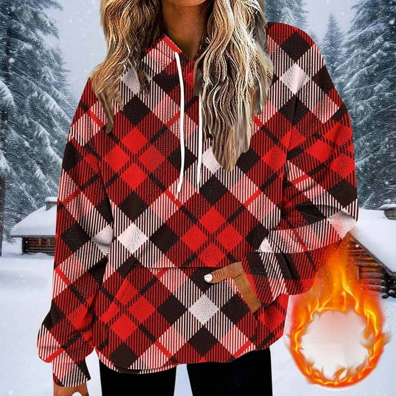 Craaazy Womens Hoodies Color Block Plaid Print Long Sleeve Womens Shirts Xmas Womens Tops with Pockets Gifts for Women