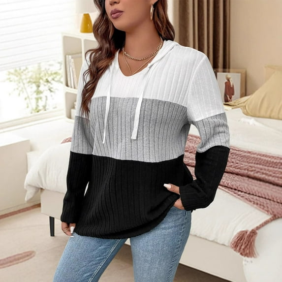 Craaazy Womens Hoodies Soft Ribbed Knit Hoodie Sweaters Long Sleeve Pullover Solid Color Shirts Drawstring Casual Tops Gifts For Women