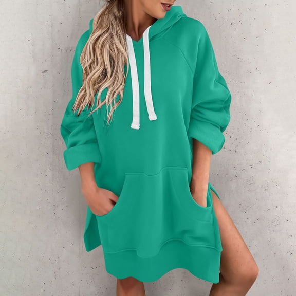Craaazy Womens Hoodies Solid Color Long Sleeved Mid Length Split Hem Sweatshirt With Pockets Gifts For Women