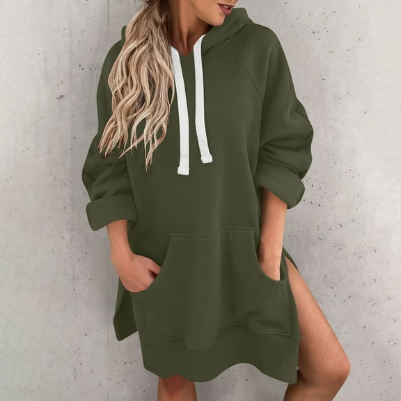 Craaazy Womens Hoodies Solid Color Long Sleeved Mid Length Split Hem Sweatshirt With Pockets Gifts For Women