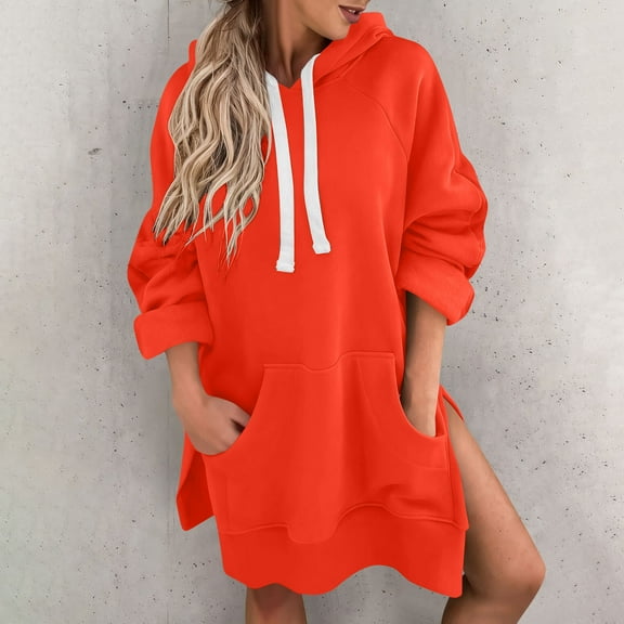 Craaazy Womens Hoodies Solid Color Long Sleeved Mid Length Split Hem Sweatshirt With Pockets Gifts For Women