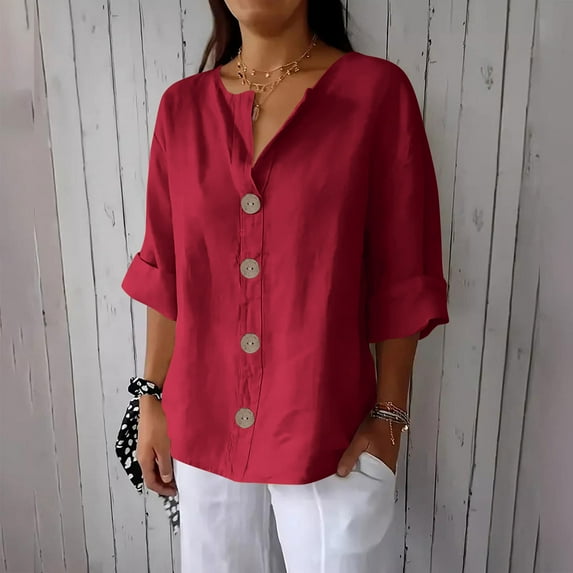 Craaazy Womens Linen Shirt Button Down V Neck Solid Dressy Blouse 3/4 Sleeves Casual Loose Fit Tunic Tops Summer T Shirts