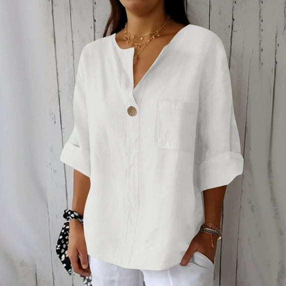 Craaazy Womens Linen Shirt Button Down V Neck Solid Dressy Blouse 3/4 Sleeves Casual Loose Fit Tunic Tops Summer T Shirts