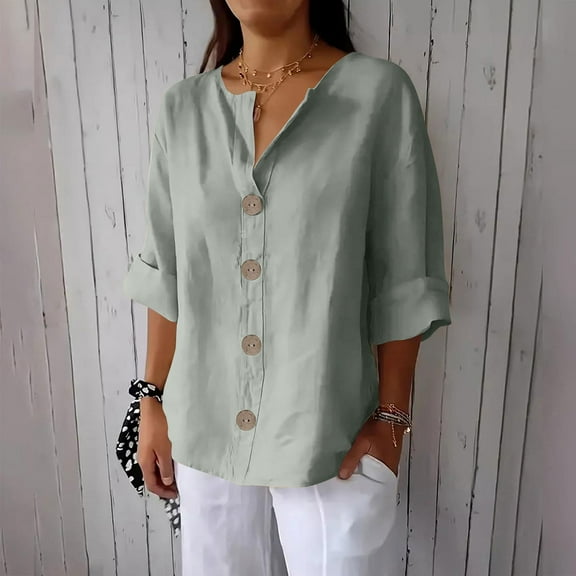 Craaazy Womens Linen Shirt Button Down V Neck Solid Dressy Blouse 3/4 Sleeves Casual Loose Fit Tunic Tops Summer T Shirts