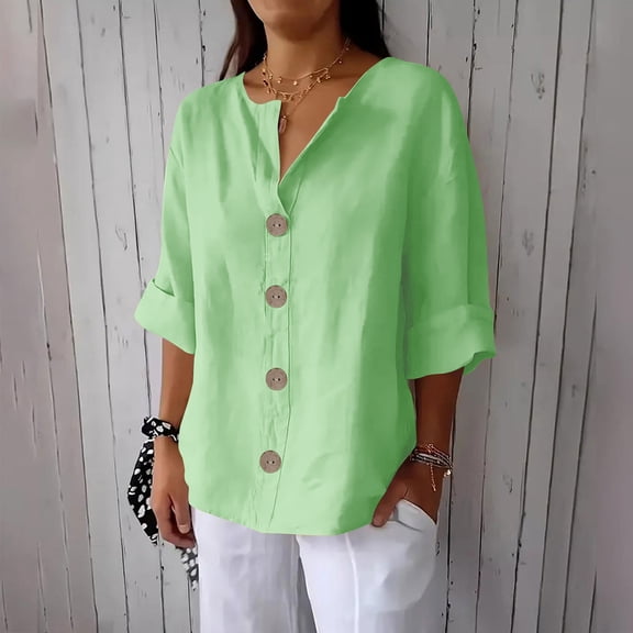 Craaazy Womens Linen Shirt Button Down V Neck Solid Dressy Blouse 3/4 Sleeves Casual Loose Fit Tunic Tops Summer T Shirts