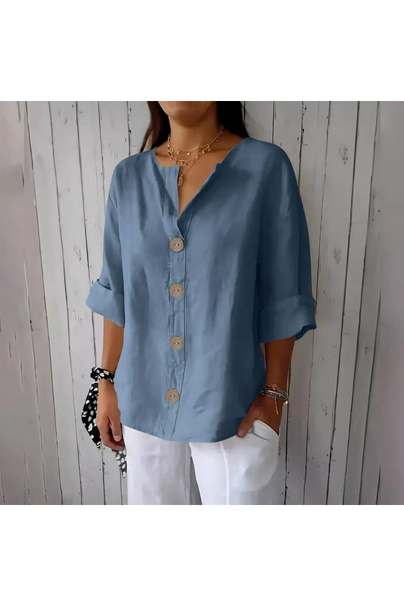Womens Linen Shirt Button Down V Neck Solid Dressy Blouse 3/4 Sleeves Casual Loose Fit Tunic Tops Summer T Shirts