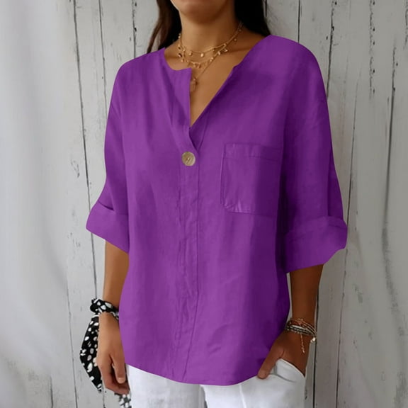Craaazy Womens Linen Shirt Button Down V Neck Solid Dressy Blouse 3/4 Sleeves Casual Loose Fit Tunic Tops Summer T Shirts