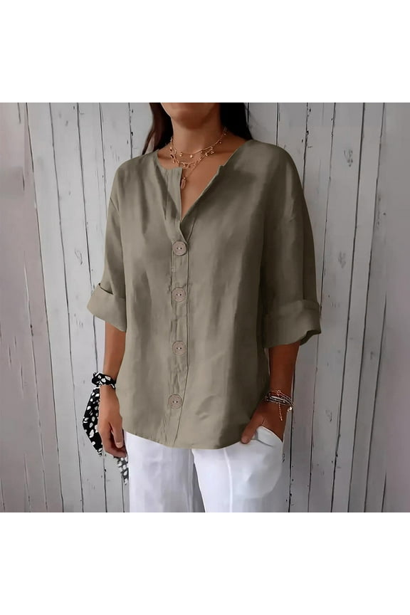 Womens Linen Shirt Button Down V Neck Solid Dressy Blouse 3/4 Sleeves Casual Loose Fit Tunic Tops Summer T Shirts