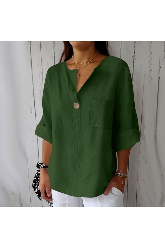 Womens Linen Shirt Button Down V Neck Solid Dressy Blouse 3/4 Sleeves Casual Loose Fit Tunic Tops Summer T Shirts