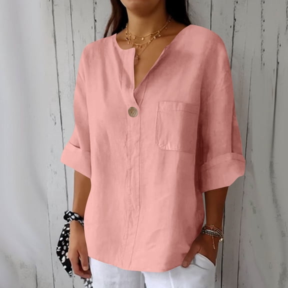 Craaazy Womens Linen Shirt Button Down V Neck Solid Dressy Blouse 3/4 Sleeves Casual Loose Fit Tunic Tops Summer T Shirts