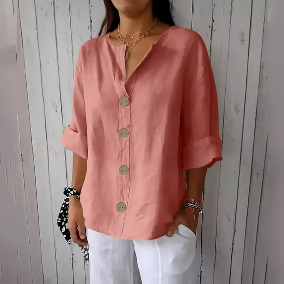 Craaazy Womens Linen Shirt Button Down V Neck Solid Dressy Blouse 3/4 Sleeves Casual Loose Fit Tunic Tops Summer T Shirts