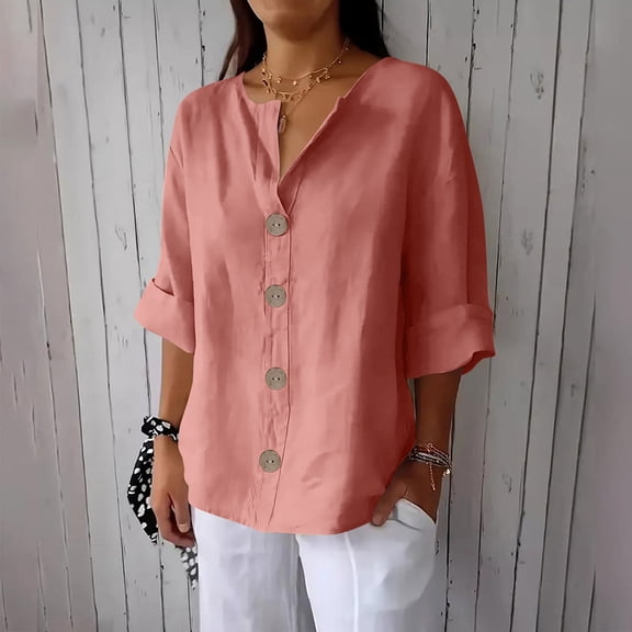 Craaazy Womens Linen Shirt Button Down V Neck Solid Dressy Blouse 3/4 Sleeves Casual Loose Fit Tunic Tops Summer T Shirts