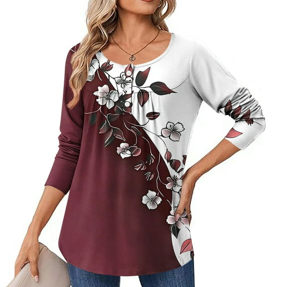 Craaazy Womens Long Sleeve Tops Casual Pleated Crew Neck Fall Tunic Tops Gifts Button Down Blouse Fashion Printing Loose T-Shirts